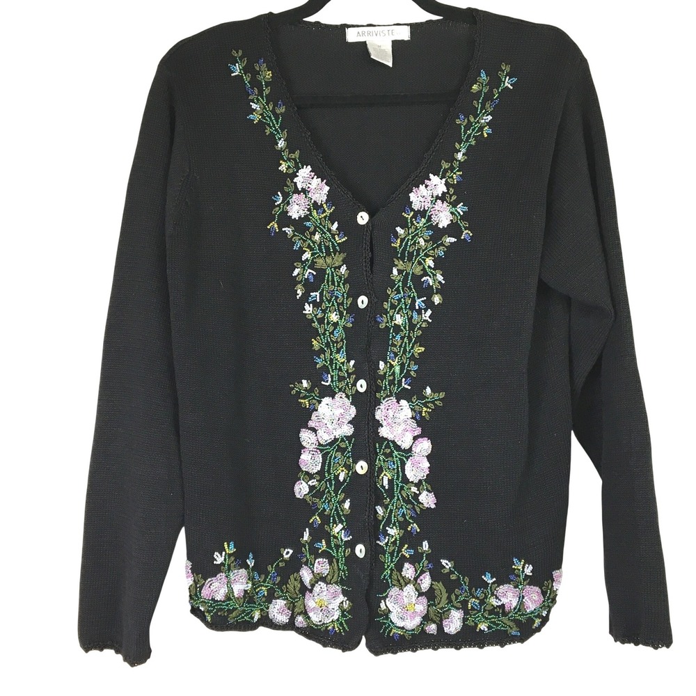 Arriviste Black Beaded Floral Embroidered Cardigan Sweater Ramie Cotton CH2300 M